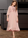 Jackie A-Line Scoop Neck Tea-Length Chiffon Junior Bridesmaid Dress With Bow(s) Cascading Ruffles STIP0013638