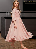 Jackie A-Line Scoop Neck Tea-Length Chiffon Junior Bridesmaid Dress With Bow(s) Cascading Ruffles STIP0013638