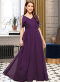 Karina A-Line V-neck Floor-Length Chiffon Junior Bridesmaid Dress With Bow(s) Cascading Ruffles STIP0013639