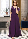 Karina A-Line V-neck Floor-Length Chiffon Junior Bridesmaid Dress With Bow(s) Cascading Ruffles STIP0013639