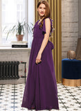 Karina A-Line V-neck Floor-Length Chiffon Junior Bridesmaid Dress With Bow(s) Cascading Ruffles STIP0013639