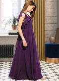 Karina A-Line V-neck Floor-Length Chiffon Junior Bridesmaid Dress With Bow(s) Cascading Ruffles STIP0013639