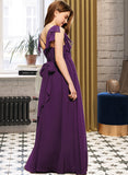 Karina A-Line V-neck Floor-Length Chiffon Junior Bridesmaid Dress With Bow(s) Cascading Ruffles STIP0013639