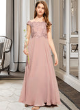 Makenna A-Line Off-the-Shoulder Floor-Length Chiffon Lace Junior Bridesmaid Dress STIP0013640