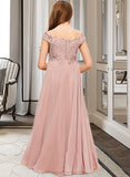 Makenna A-Line Off-the-Shoulder Floor-Length Chiffon Lace Junior Bridesmaid Dress STIP0013640