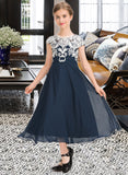 Lilianna A-Line Scoop Neck Tea-Length Chiffon Lace Junior Bridesmaid Dress STIP0013643