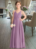 Elliana A-Line V-neck Floor-Length Chiffon Junior Bridesmaid Dress With Cascading Ruffles STIP0013644