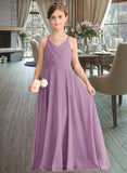 Elliana A-Line V-neck Floor-Length Chiffon Junior Bridesmaid Dress With Cascading Ruffles STIP0013644