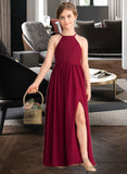 Polly A-Line Scoop Neck Floor-Length Chiffon Lace Junior Bridesmaid Dress With Split Front STIP0013645