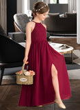 Polly A-Line Scoop Neck Floor-Length Chiffon Lace Junior Bridesmaid Dress With Split Front STIP0013645