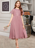 Carissa A-Line Scoop Neck Tea-Length Chiffon Lace Junior Bridesmaid Dress STIP0013648