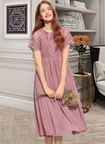 Carissa A-Line Scoop Neck Tea-Length Chiffon Lace Junior Bridesmaid Dress STIP0013648