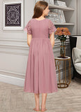 Carissa A-Line Scoop Neck Tea-Length Chiffon Lace Junior Bridesmaid Dress STIP0013648