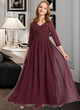 Haleigh A-Line V-neck Floor-Length Chiffon Lace Junior Bridesmaid Dress STIP0013652