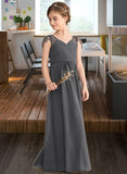 Vera A-Line V-neck Floor-Length Chiffon Junior Bridesmaid Dress With Ruffle Beading STIP0013653