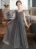 Vera A-Line V-neck Floor-Length Chiffon Junior Bridesmaid Dress With Ruffle Beading STIP0013653