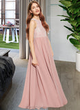 Leticia A-Line Scoop Neck Floor-Length Chiffon Lace Junior Bridesmaid Dress With Sequins STIP0013655