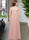 Leticia A-Line Scoop Neck Floor-Length Chiffon Lace Junior Bridesmaid Dress With Sequins STIP0013655