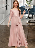 Ciara A-Line Off-the-Shoulder Floor-Length Chiffon Lace Junior Bridesmaid Dress With Bow(s) STIP0013658