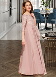 Ciara A-Line Off-the-Shoulder Floor-Length Chiffon Lace Junior Bridesmaid Dress With Bow(s) STIP0013658