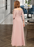 Ciara A-Line Off-the-Shoulder Floor-Length Chiffon Lace Junior Bridesmaid Dress With Bow(s) STIP0013658