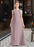 Nan A-Line Scoop Neck Floor-Length Chiffon Junior Bridesmaid Dress With Bow(s) Cascading Ruffles STIP0013659