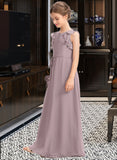 Nan A-Line Scoop Neck Floor-Length Chiffon Junior Bridesmaid Dress With Bow(s) Cascading Ruffles STIP0013659