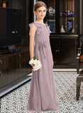 Nan A-Line Scoop Neck Floor-Length Chiffon Junior Bridesmaid Dress With Bow(s) Cascading Ruffles STIP0013659