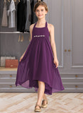 Phyllis Empire Halter Asymmetrical Chiffon Junior Bridesmaid Dress With Beading Bow(s) STIP0013663