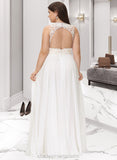 Taniyah A-Line V-neck Sweep Train Chiffon Lace Wedding Dress With Lace STIP0013677