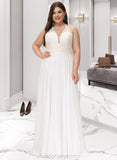 Taniyah A-Line V-neck Sweep Train Chiffon Lace Wedding Dress With Lace STIP0013677