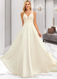 Taniyah A-Line V-neck Sweep Train Chiffon Lace Wedding Dress With Lace STIP0013677