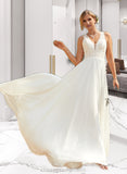 Taniyah A-Line V-neck Sweep Train Chiffon Lace Wedding Dress With Lace STIP0013677