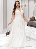 Taniyah A-Line V-neck Sweep Train Chiffon Lace Wedding Dress With Lace STIP0013677