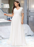 Lucile A-Line V-neck Floor-Length Chiffon Lace Wedding Dress STIP0013678