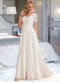 Lucile A-Line V-neck Floor-Length Chiffon Lace Wedding Dress STIP0013678