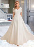 Lucile A-Line V-neck Floor-Length Chiffon Lace Wedding Dress STIP0013678