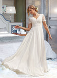 Lucile A-Line V-neck Floor-Length Chiffon Lace Wedding Dress STIP0013678