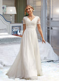 Lucile A-Line V-neck Floor-Length Chiffon Lace Wedding Dress STIP0013678