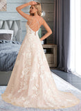 Anna Ball-Gown/Princess V-neck Court Train Tulle Lace Wedding Dress With Beading Pockets STIP0013679