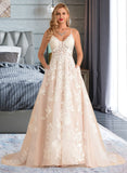 Anna Ball-Gown/Princess V-neck Court Train Tulle Lace Wedding Dress With Beading Pockets STIP0013679