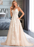 Anna Ball-Gown/Princess V-neck Court Train Tulle Lace Wedding Dress With Beading Pockets STIP0013679