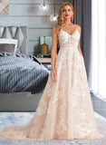 Anna Ball-Gown/Princess V-neck Court Train Tulle Lace Wedding Dress With Beading Pockets STIP0013679