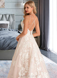 Anna Ball-Gown/Princess V-neck Court Train Tulle Lace Wedding Dress With Beading Pockets STIP0013679