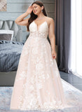 Anna Ball-Gown/Princess V-neck Court Train Tulle Lace Wedding Dress With Beading Pockets STIP0013679