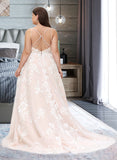 Anna Ball-Gown/Princess V-neck Court Train Tulle Lace Wedding Dress With Beading Pockets STIP0013679