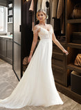 Izabella A-Line V-neck Sweep Train Chiffon Lace Wedding Dress With Beading Sequins STIP0013681