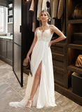 Izabella A-Line V-neck Sweep Train Chiffon Lace Wedding Dress With Beading Sequins STIP0013681