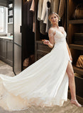 Izabella A-Line V-neck Sweep Train Chiffon Lace Wedding Dress With Beading Sequins STIP0013681