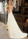 Izabella A-Line V-neck Sweep Train Chiffon Lace Wedding Dress With Beading Sequins STIP0013681